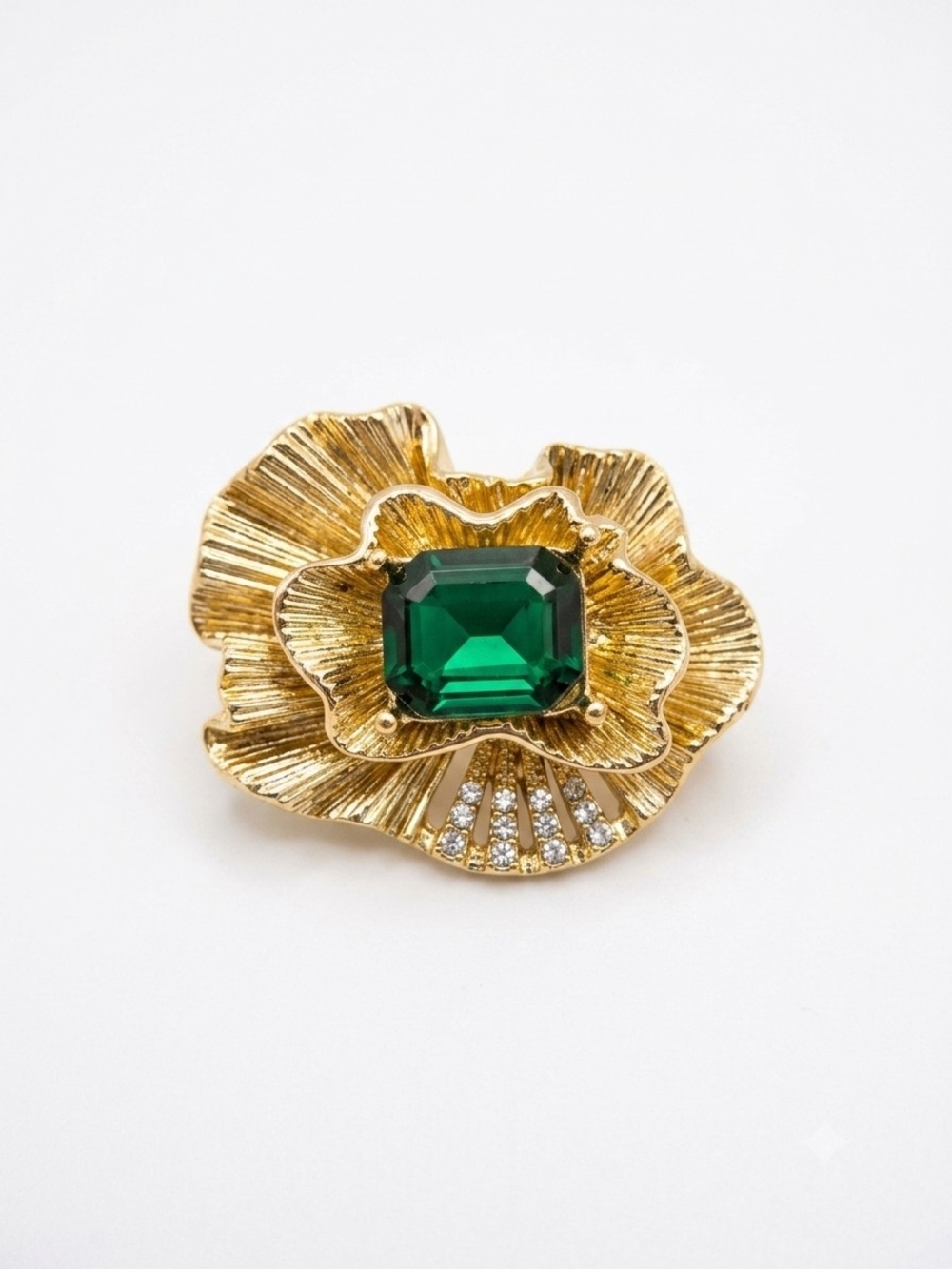 Gold Floral Brooch with Emerald Green Stone by